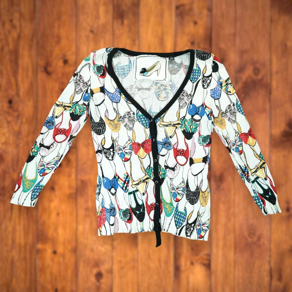 Knit Cardigan Women's Size Small Multicolor Shoe‎ Pattern Button Closure